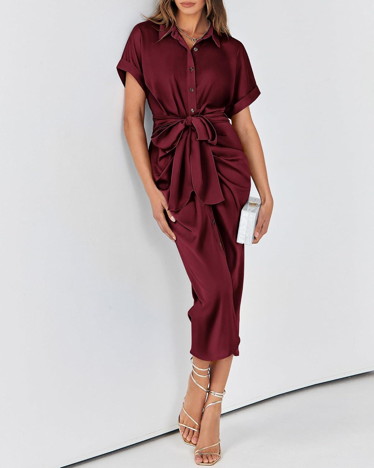 imageBTFBM Shirt Dresses for Women Spring Button Short Sleeve Silk Satin Ruched Maxi Summer Dress 2026 Cocktail Party WeddingDark Wine Red