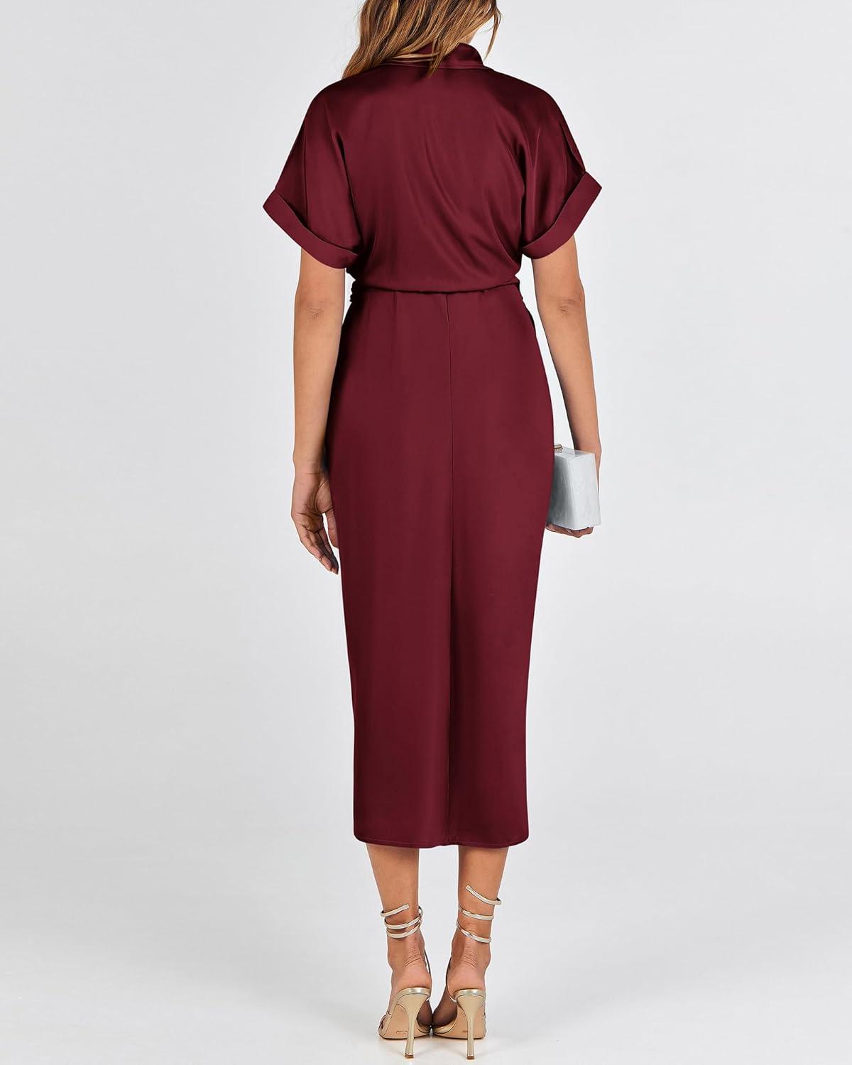 imageBTFBM Shirt Dresses for Women Spring Button Short Sleeve Silk Satin Ruched Maxi Summer Dress 2026 Cocktail Party WeddingDark Wine Red