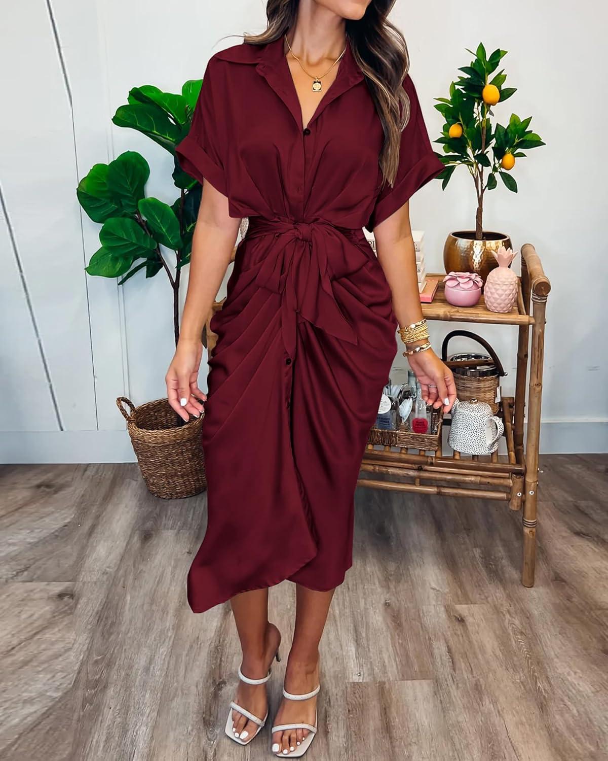 imageBTFBM Shirt Dresses for Women Spring Button Short Sleeve Silk Satin Ruched Maxi Summer Dress 2026 Cocktail Party WeddingDark Wine Red