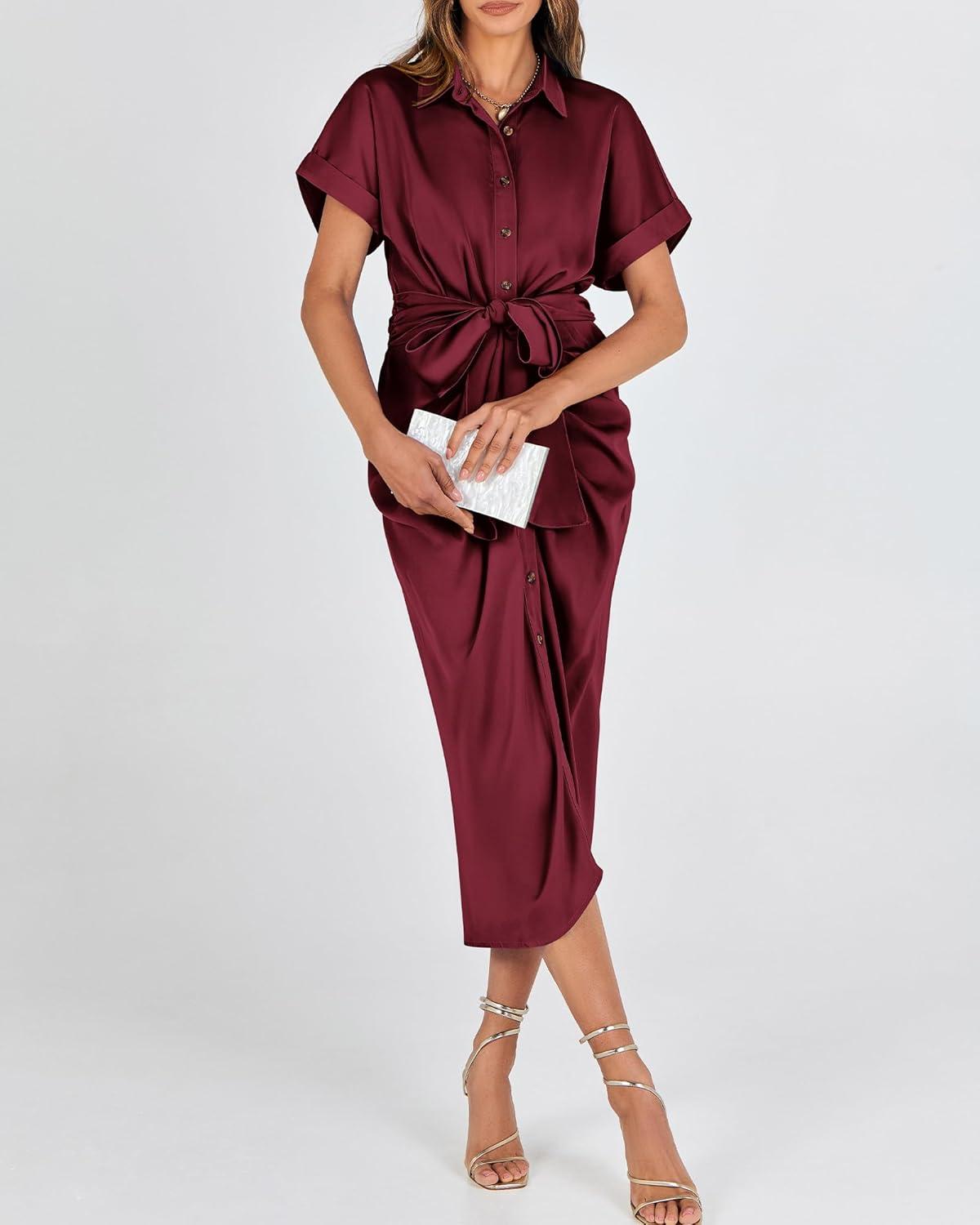 imageBTFBM Shirt Dresses for Women Spring Button Short Sleeve Silk Satin Ruched Maxi Summer Dress 2026 Cocktail Party WeddingDark Wine Red