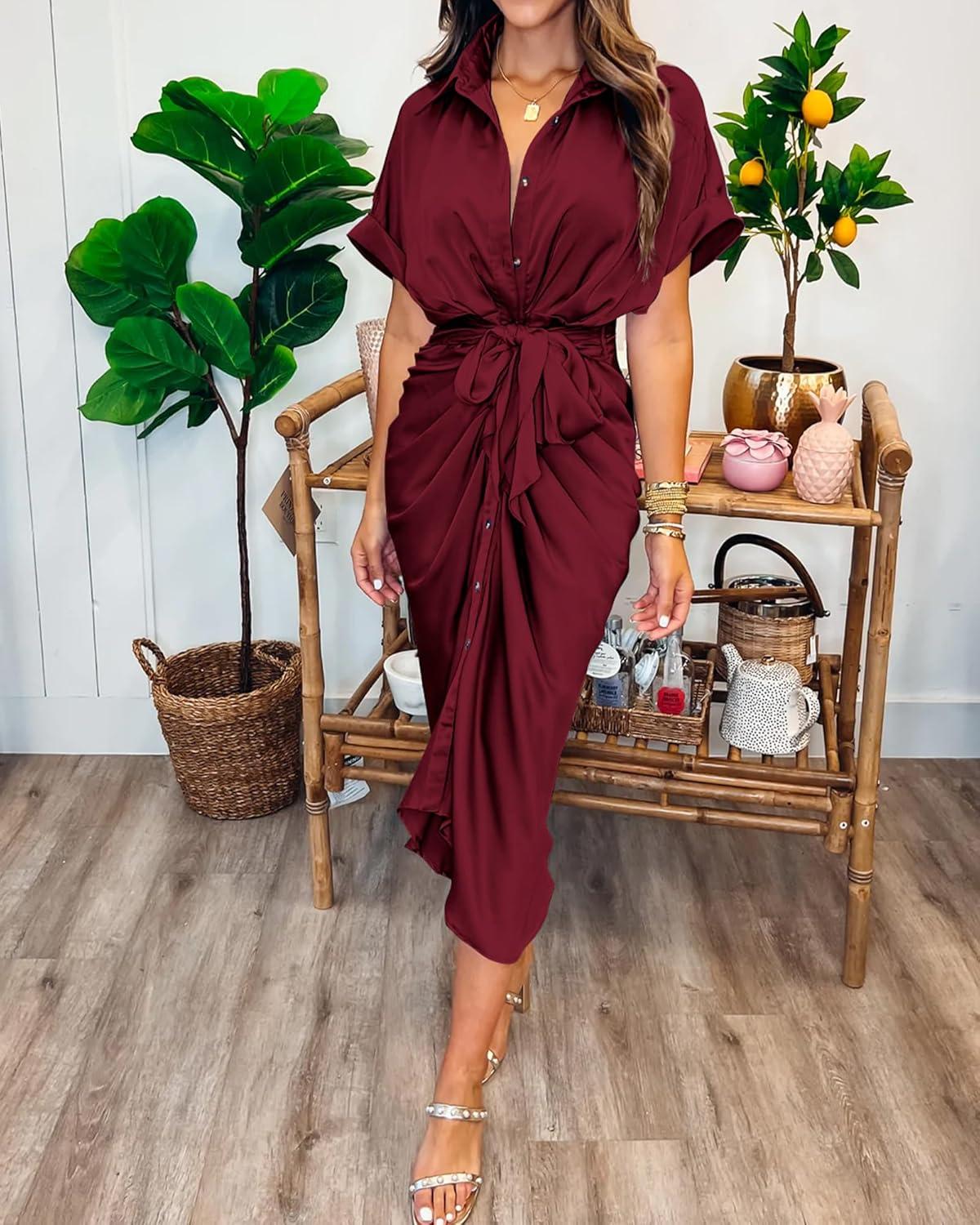 imageBTFBM Shirt Dresses for Women Spring Button Short Sleeve Silk Satin Ruched Maxi Summer Dress 2026 Cocktail Party WeddingDark Wine Red