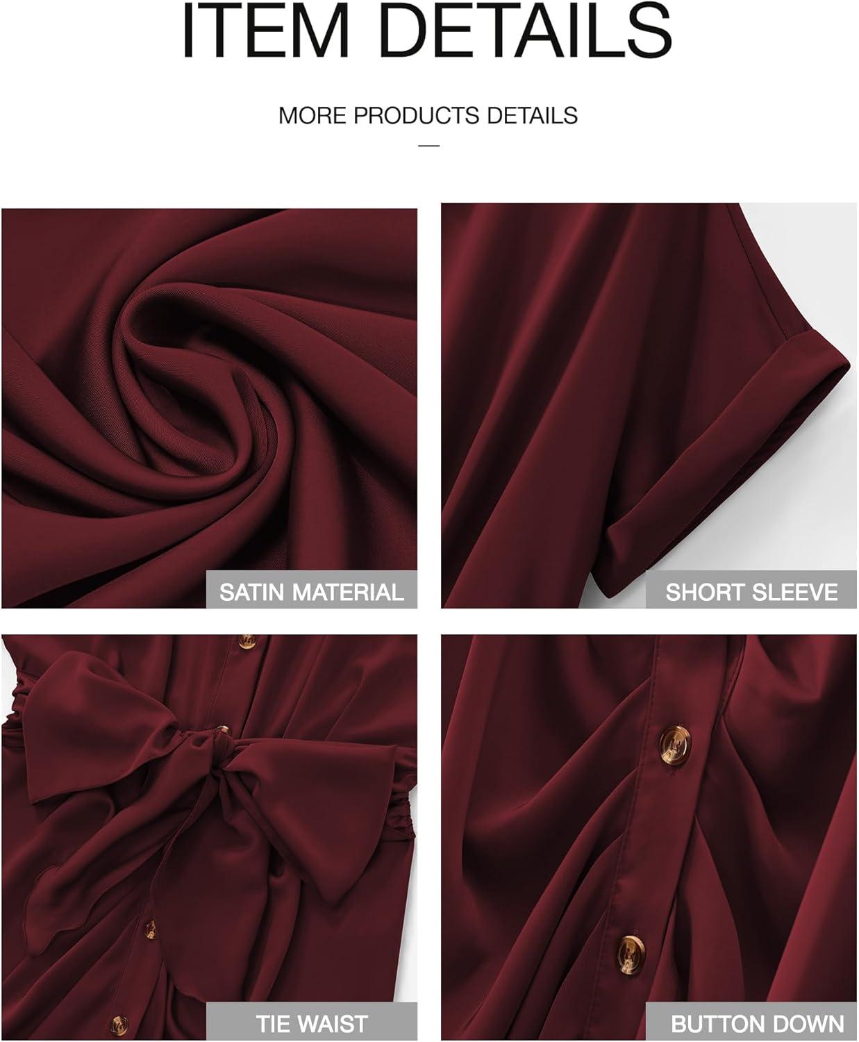 imageBTFBM Shirt Dresses for Women Spring Button Short Sleeve Silk Satin Ruched Maxi Summer Dress 2026 Cocktail Party WeddingDark Wine Red