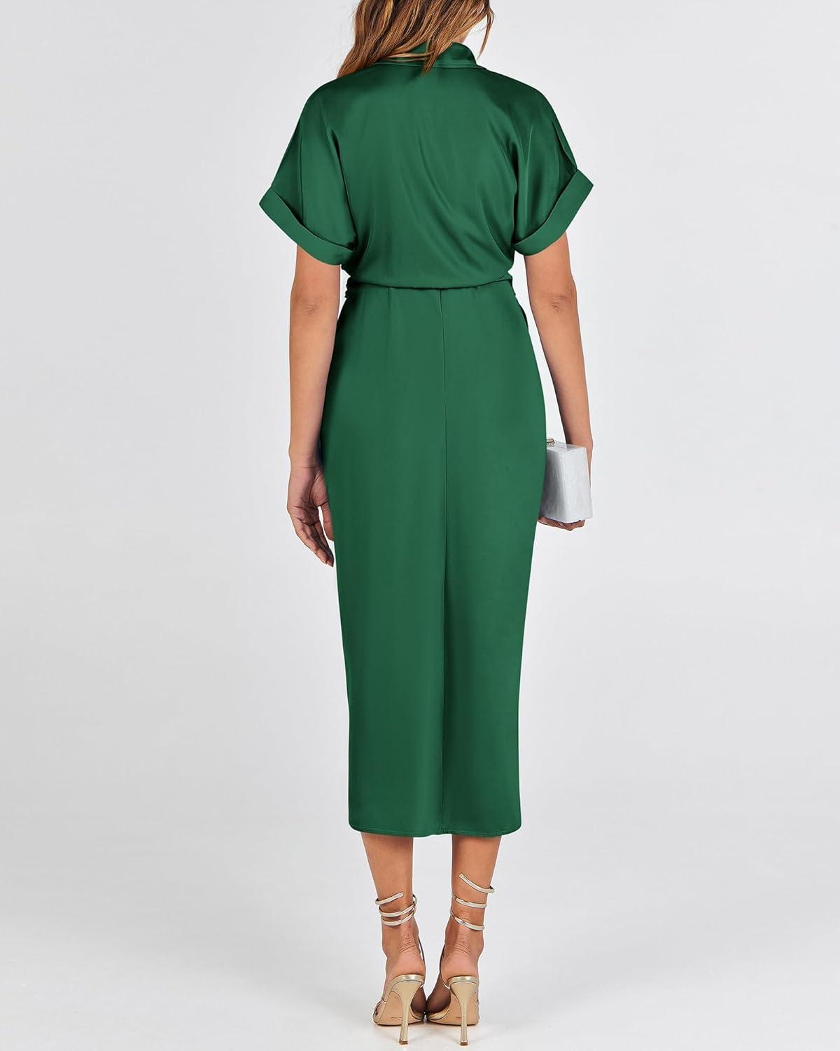 imageBTFBM Shirt Dresses for Women Spring Button Short Sleeve Silk Satin Ruched Maxi Summer Dress 2026 Cocktail Party WeddingDeep Green