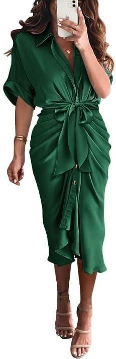 imageBTFBM Shirt Dresses for Women Spring Button Short Sleeve Silk Satin Ruched Maxi Summer Dress 2026 Cocktail Party WeddingDeep Green