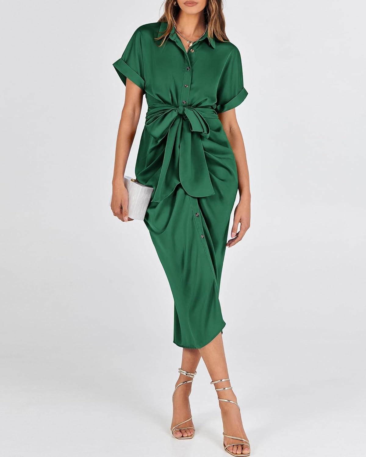 imageBTFBM Shirt Dresses for Women Spring Button Short Sleeve Silk Satin Ruched Maxi Summer Dress 2026 Cocktail Party WeddingDeep Green