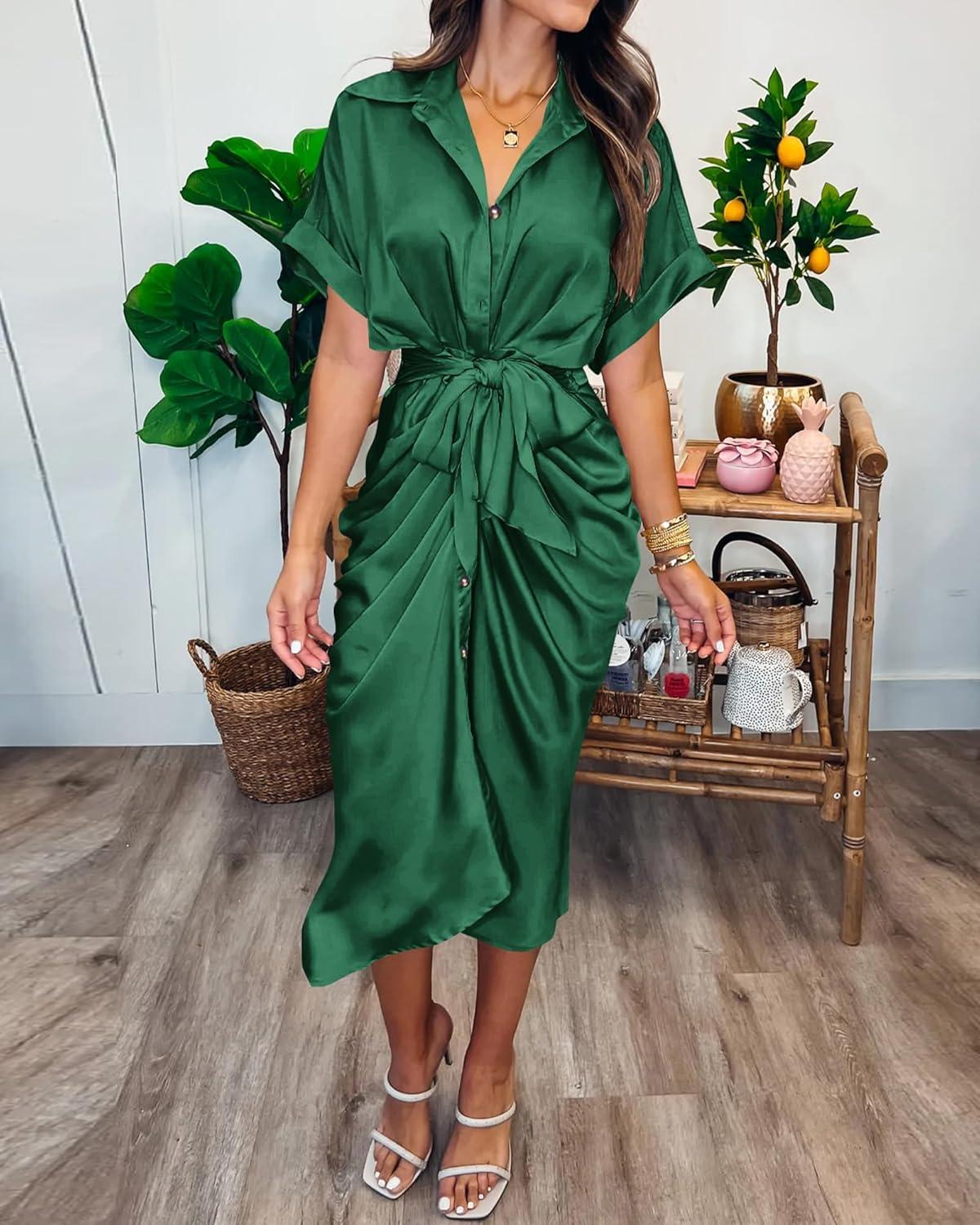 imageBTFBM Shirt Dresses for Women Spring Button Short Sleeve Silk Satin Ruched Maxi Summer Dress 2026 Cocktail Party WeddingDeep Green