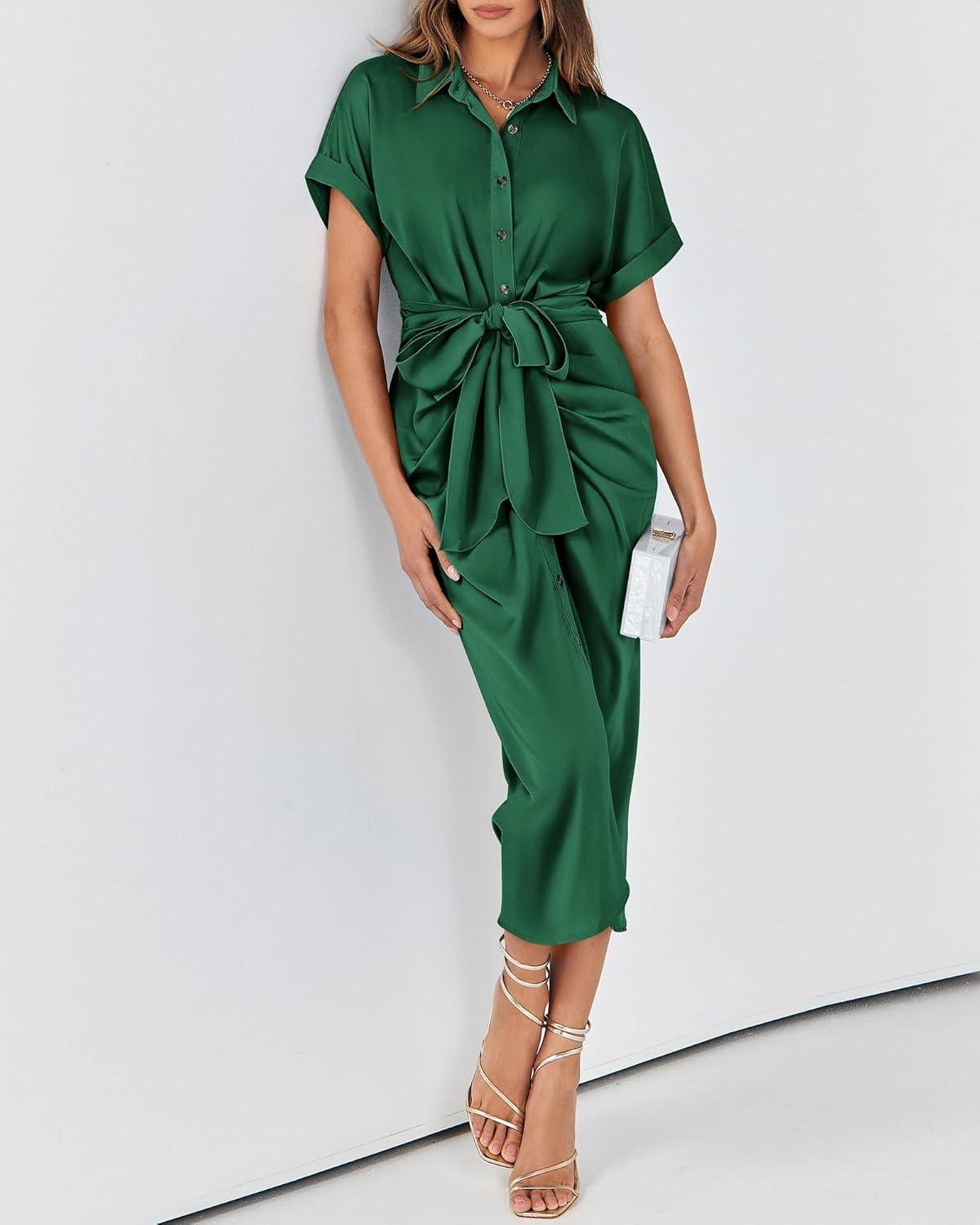 imageBTFBM Shirt Dresses for Women Spring Button Short Sleeve Silk Satin Ruched Maxi Summer Dress 2026 Cocktail Party WeddingDeep Green