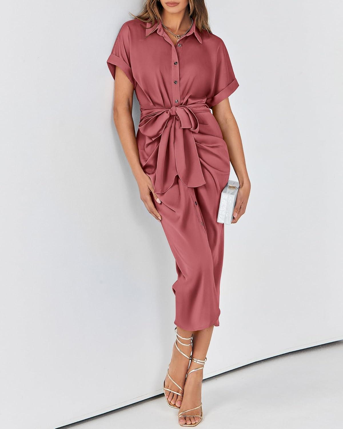 imageBTFBM Shirt Dresses for Women Spring Button Short Sleeve Silk Satin Ruched Maxi Summer Dress 2026 Cocktail Party WeddingDusty Pink