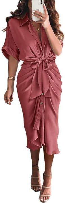 imageBTFBM Shirt Dresses for Women Spring Button Short Sleeve Silk Satin Ruched Maxi Summer Dress 2026 Cocktail Party WeddingDusty Pink