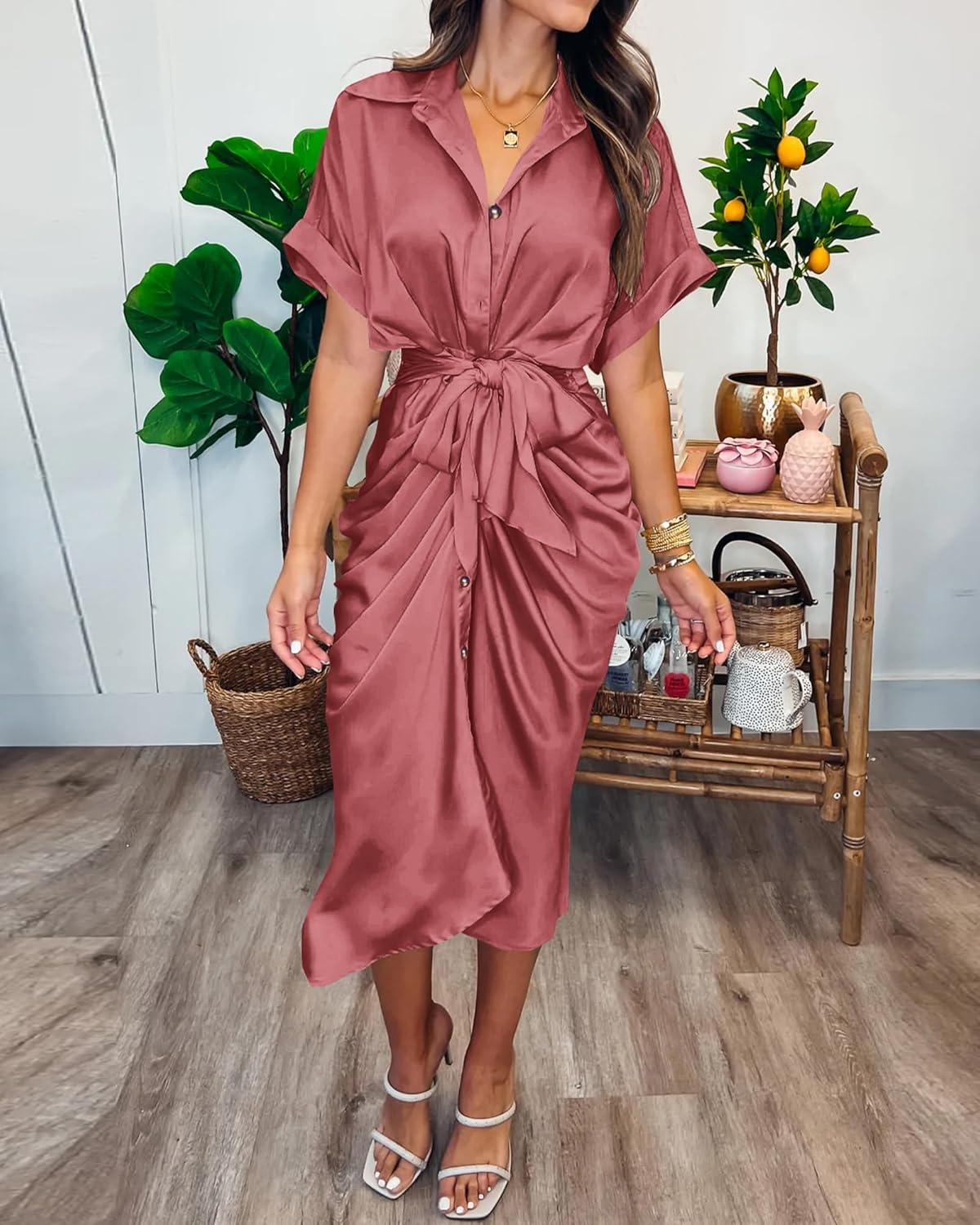 imageBTFBM Shirt Dresses for Women Spring Button Short Sleeve Silk Satin Ruched Maxi Summer Dress 2026 Cocktail Party WeddingDusty Pink