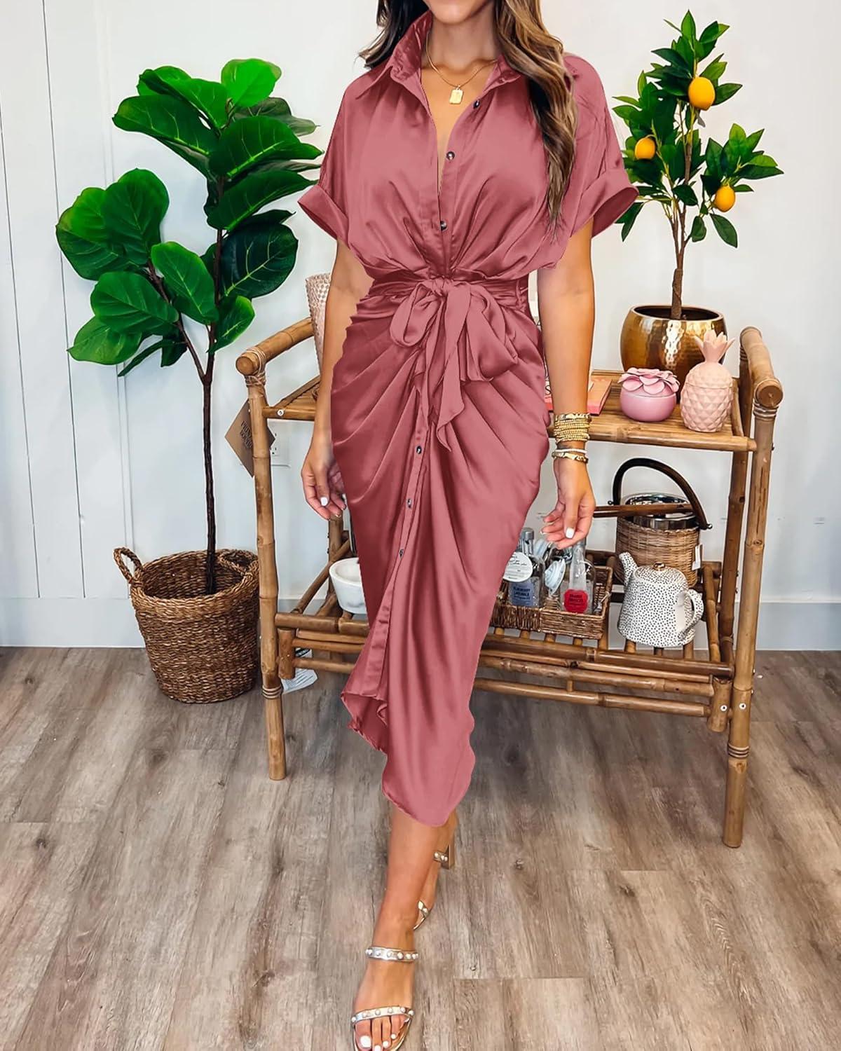imageBTFBM Shirt Dresses for Women Spring Button Short Sleeve Silk Satin Ruched Maxi Summer Dress 2026 Cocktail Party WeddingDusty Pink