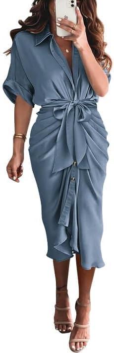 imageBTFBM Shirt Dresses for Women Spring Button Short Sleeve Silk Satin Ruched Maxi Summer Dress 2026 Cocktail Party WeddingGrey Blue