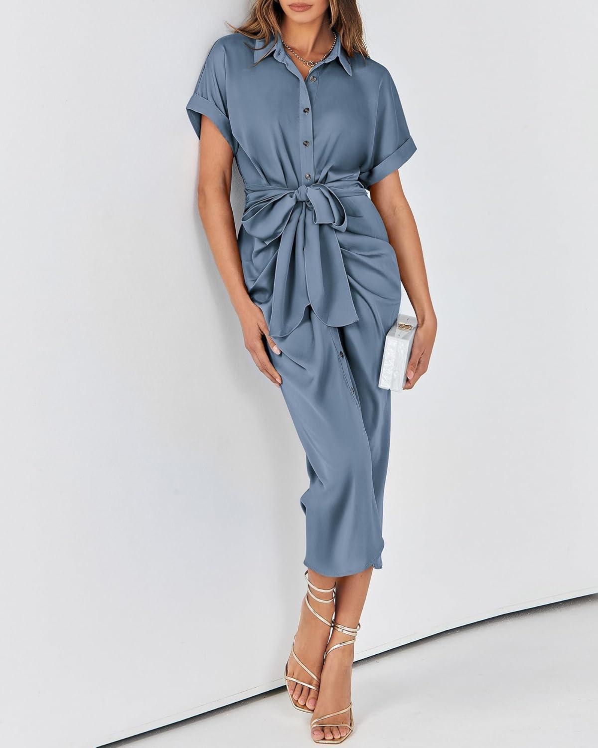 imageBTFBM Shirt Dresses for Women Spring Button Short Sleeve Silk Satin Ruched Maxi Summer Dress 2026 Cocktail Party WeddingGrey Blue