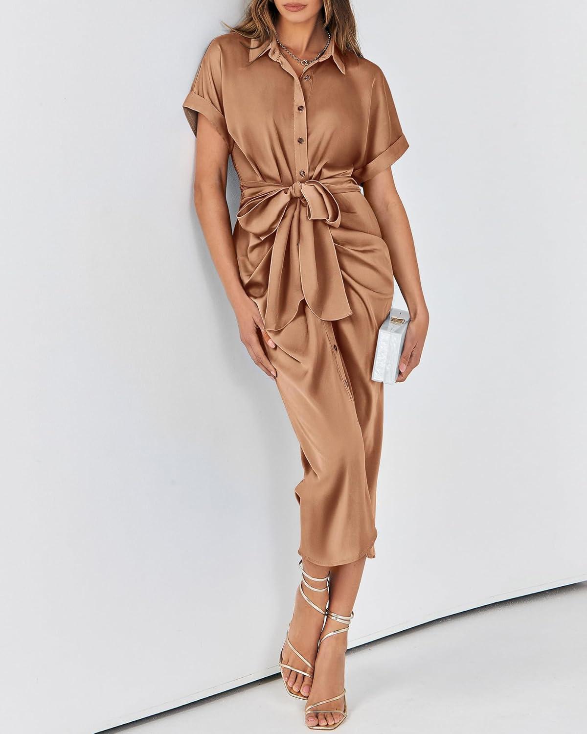 imageBTFBM Shirt Dresses for Women Spring Button Short Sleeve Silk Satin Ruched Maxi Summer Dress 2026 Cocktail Party WeddingLight Red Khaki