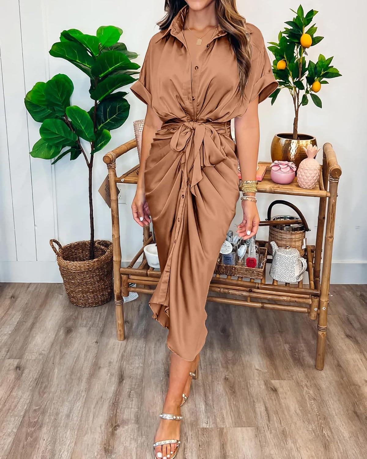 imageBTFBM Shirt Dresses for Women Spring Button Short Sleeve Silk Satin Ruched Maxi Summer Dress 2026 Cocktail Party WeddingLight Red Khaki