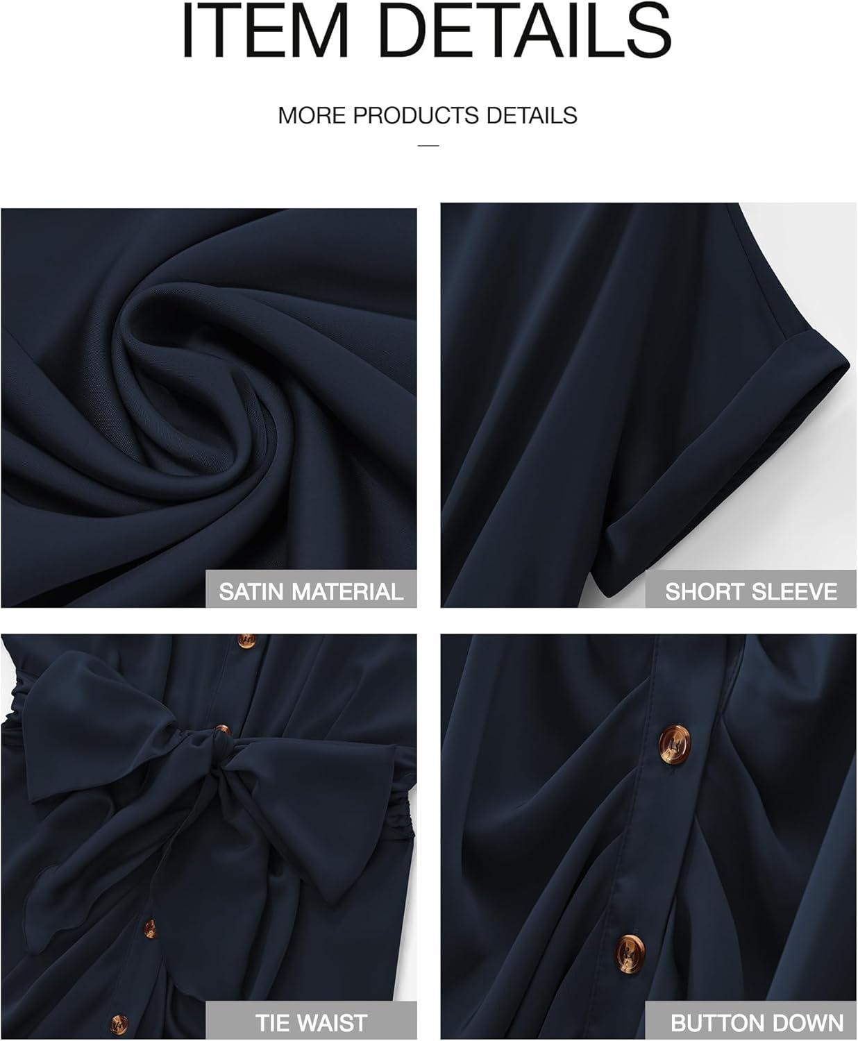 imageBTFBM Shirt Dresses for Women Spring Button Short Sleeve Silk Satin Ruched Maxi Summer Dress 2026 Cocktail Party WeddingNavy