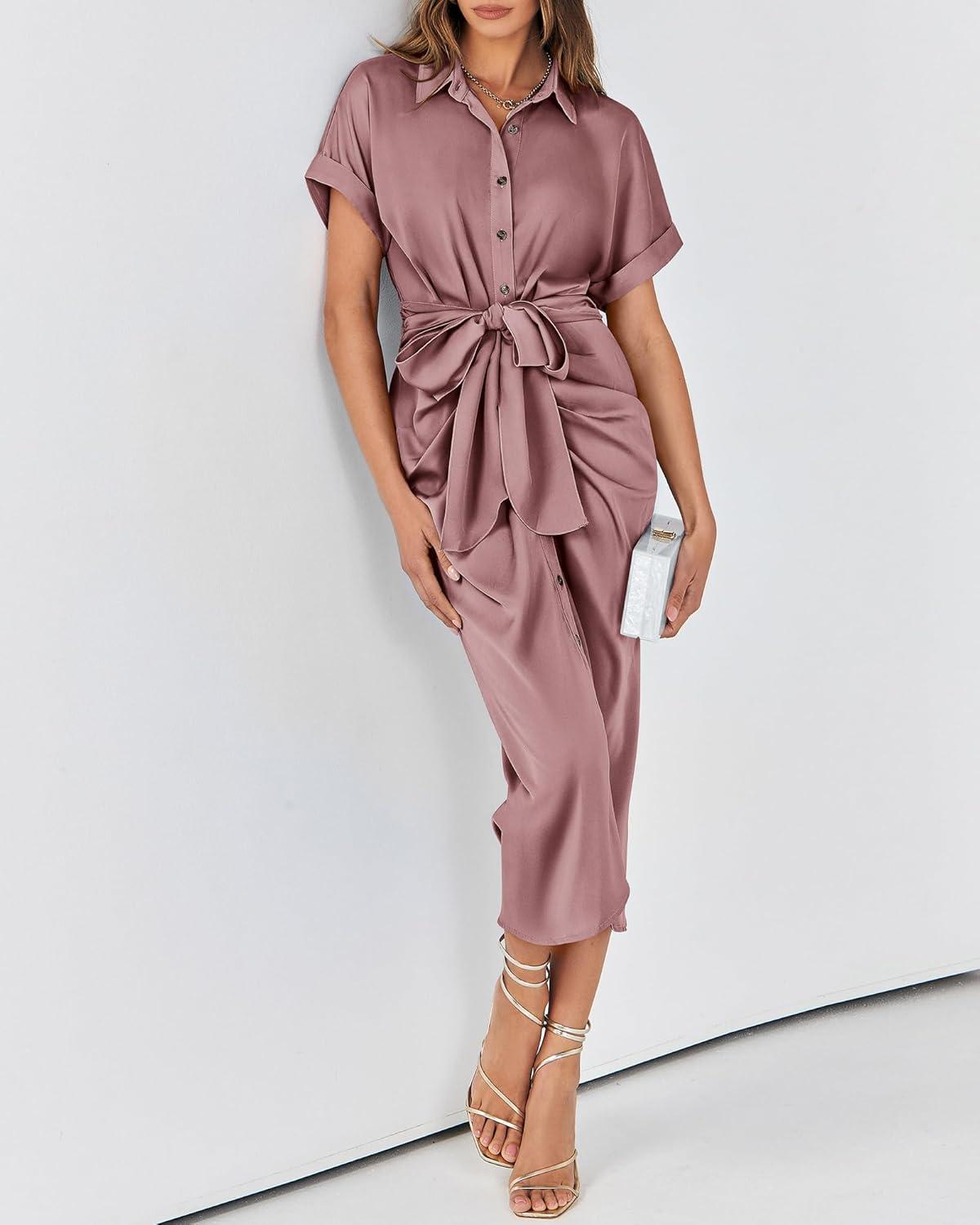 imageBTFBM Shirt Dresses for Women Spring Button Short Sleeve Silk Satin Ruched Maxi Summer Dress 2026 Cocktail Party WeddingPink