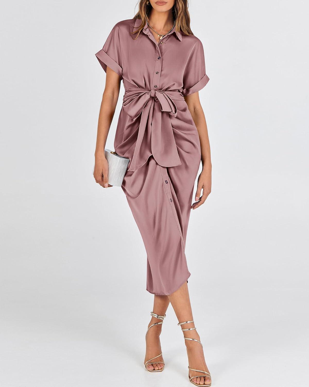 imageBTFBM Shirt Dresses for Women Spring Button Short Sleeve Silk Satin Ruched Maxi Summer Dress 2026 Cocktail Party WeddingPink