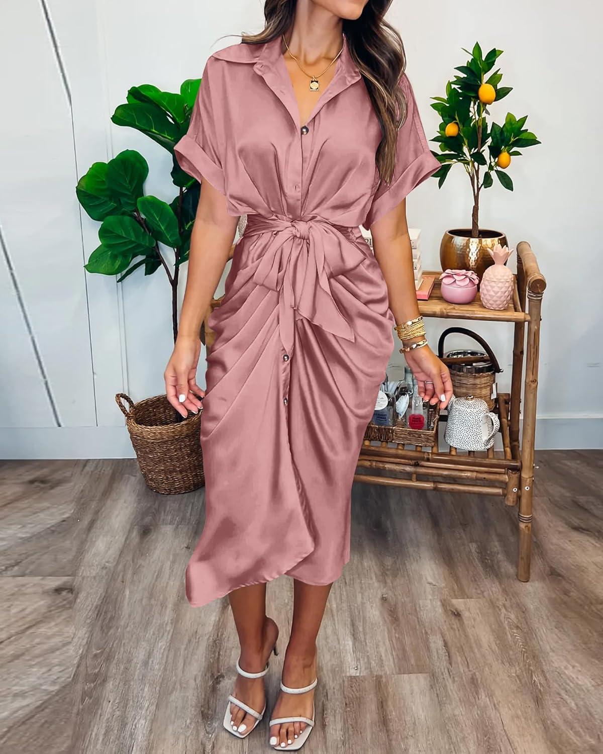 imageBTFBM Shirt Dresses for Women Spring Button Short Sleeve Silk Satin Ruched Maxi Summer Dress 2026 Cocktail Party WeddingPink