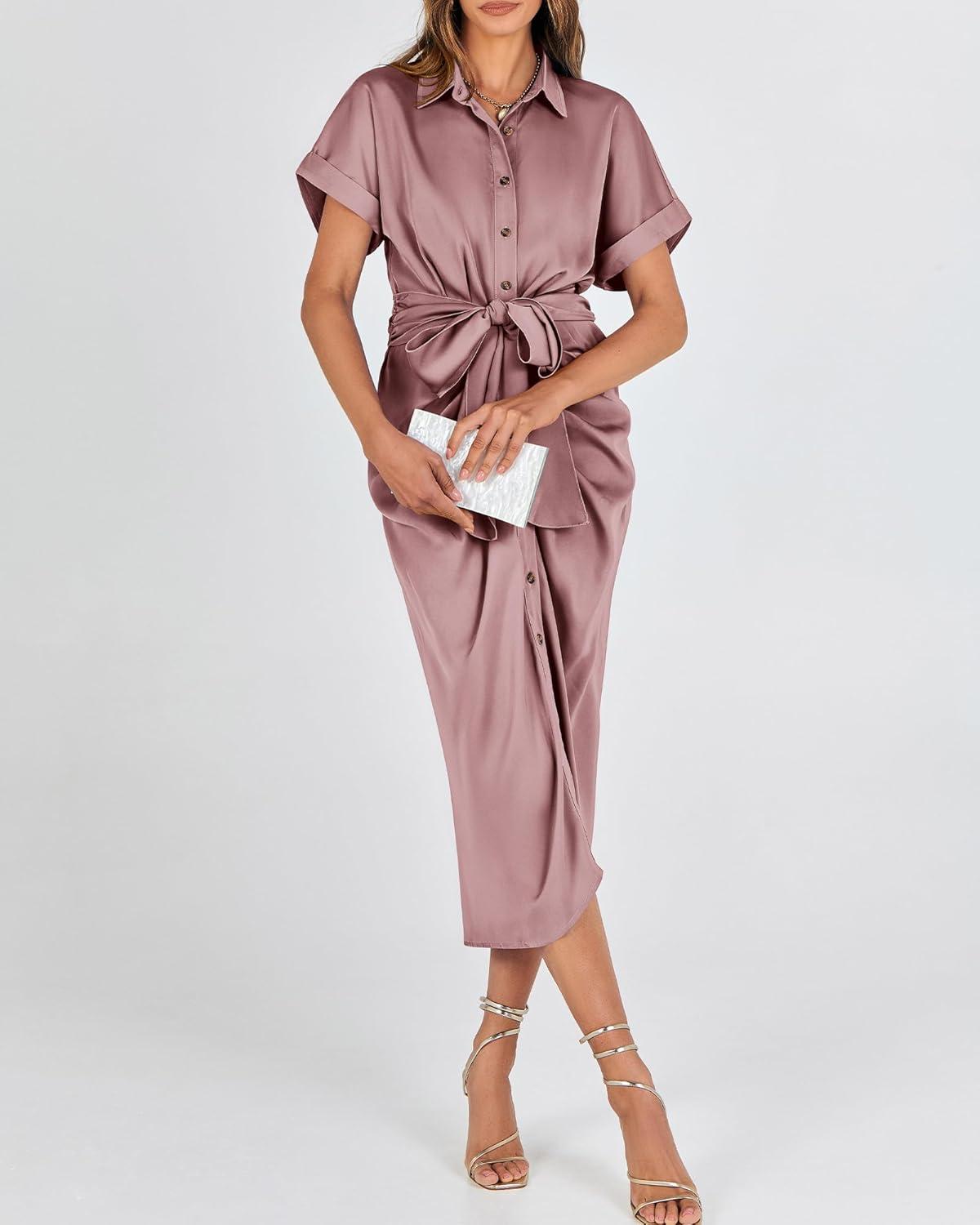 imageBTFBM Shirt Dresses for Women Spring Button Short Sleeve Silk Satin Ruched Maxi Summer Dress 2026 Cocktail Party WeddingPink