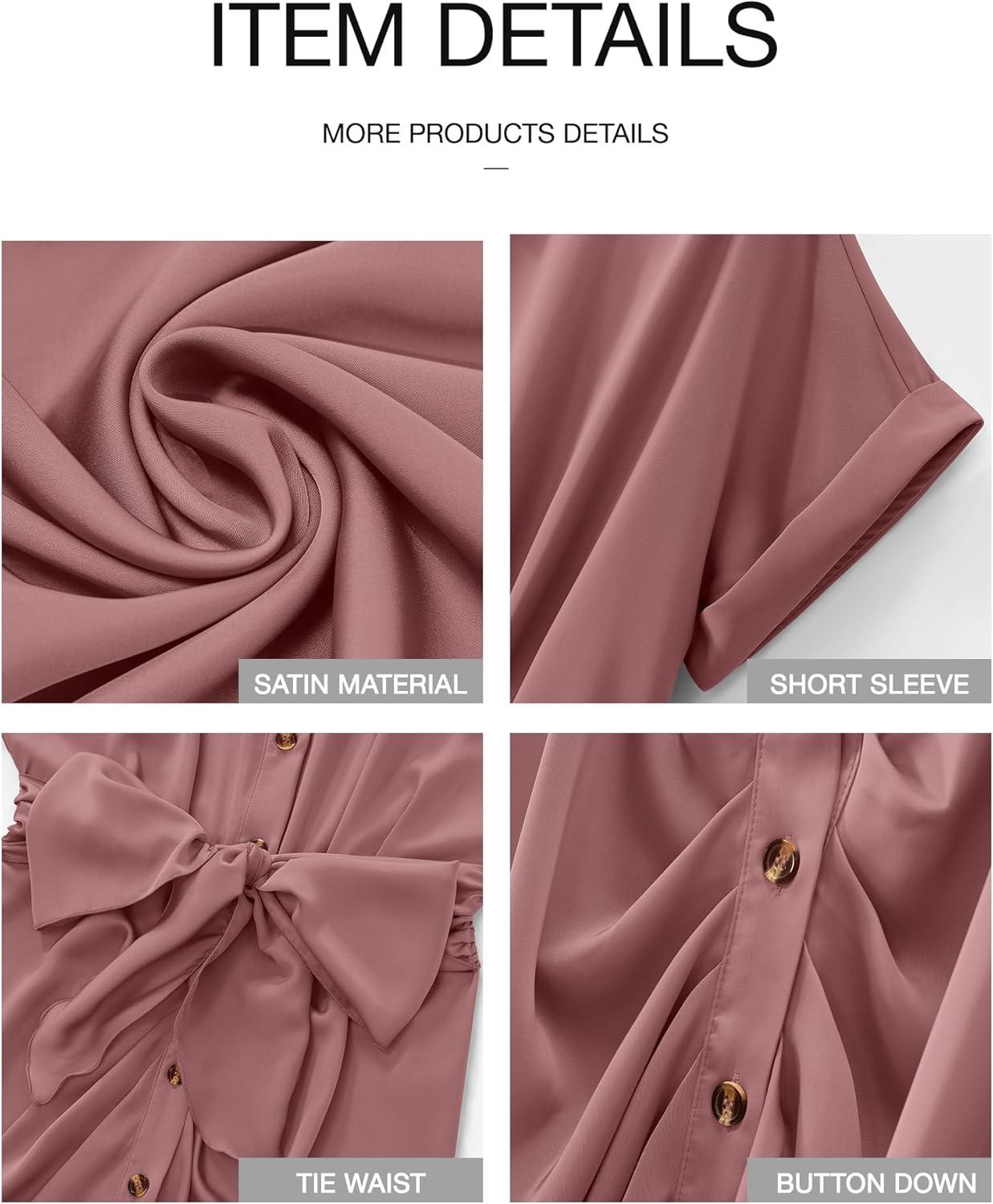 imageBTFBM Shirt Dresses for Women Spring Button Short Sleeve Silk Satin Ruched Maxi Summer Dress 2026 Cocktail Party WeddingPink
