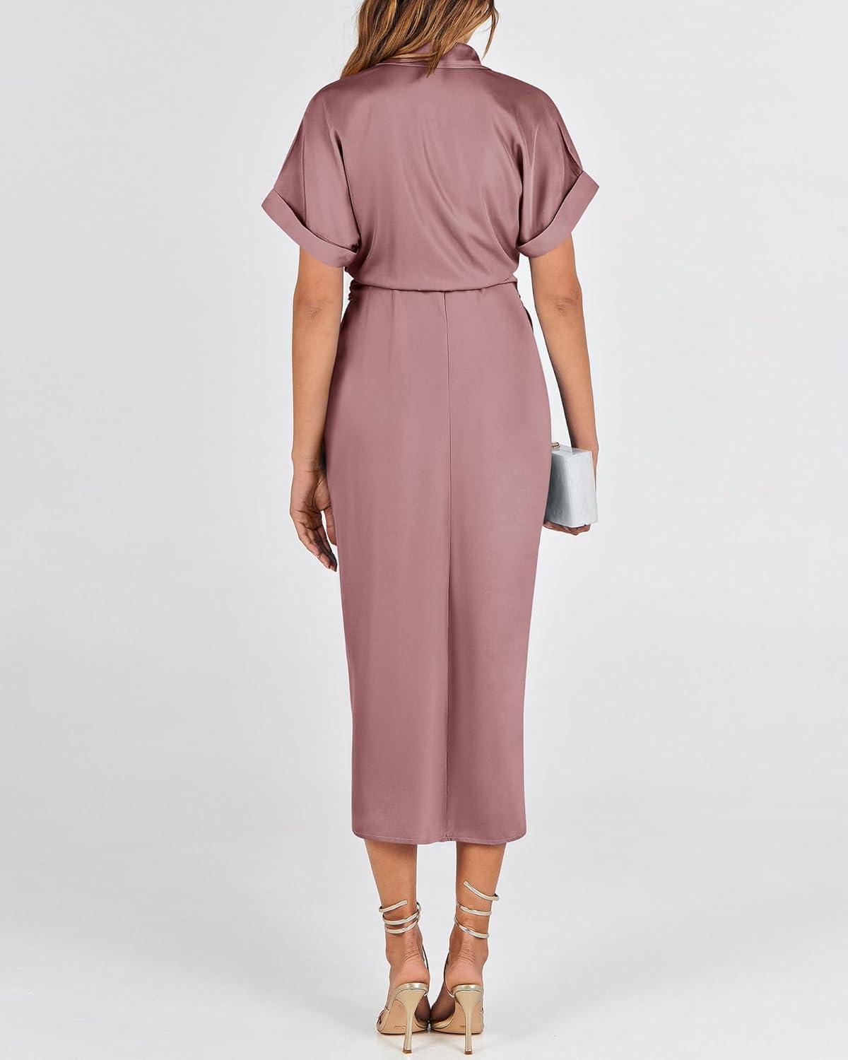imageBTFBM Shirt Dresses for Women Spring Button Short Sleeve Silk Satin Ruched Maxi Summer Dress 2026 Cocktail Party WeddingPink