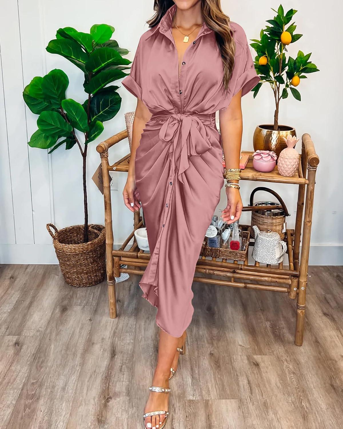 imageBTFBM Shirt Dresses for Women Spring Button Short Sleeve Silk Satin Ruched Maxi Summer Dress 2026 Cocktail Party WeddingPink