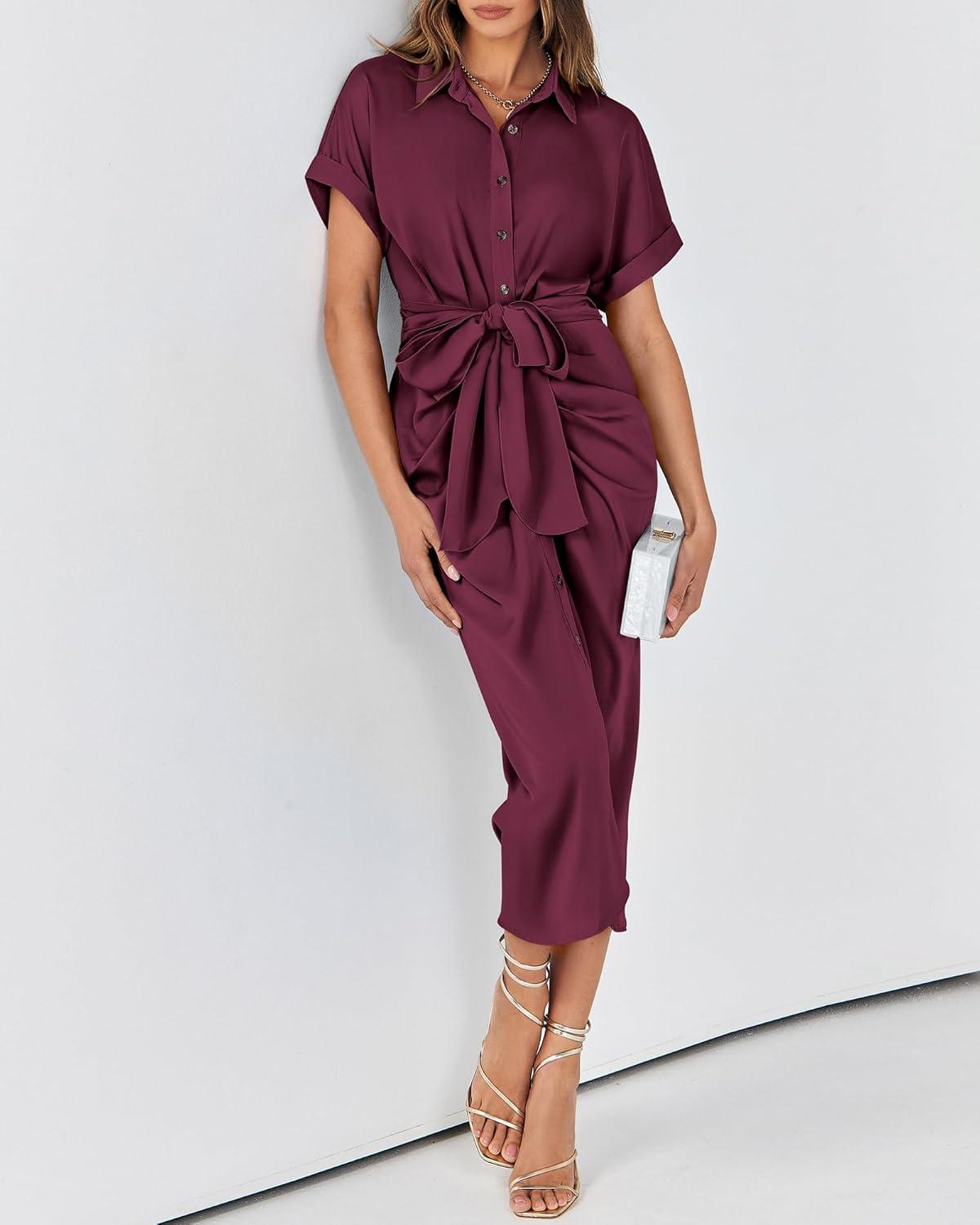 imageBTFBM Shirt Dresses for Women Spring Button Short Sleeve Silk Satin Ruched Maxi Summer Dress 2026 Cocktail Party WeddingPurple Red