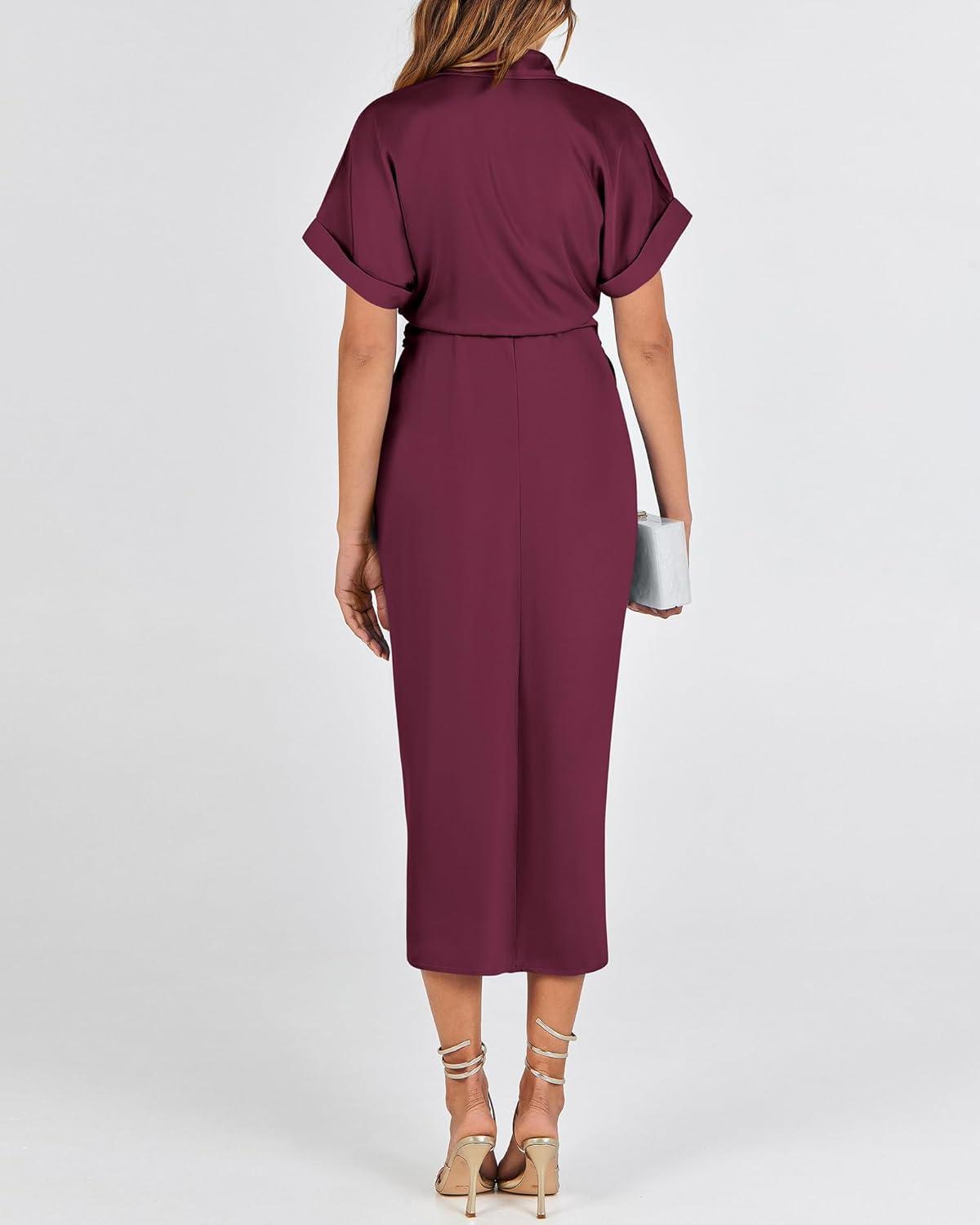 imageBTFBM Shirt Dresses for Women Spring Button Short Sleeve Silk Satin Ruched Maxi Summer Dress 2026 Cocktail Party WeddingPurple Red