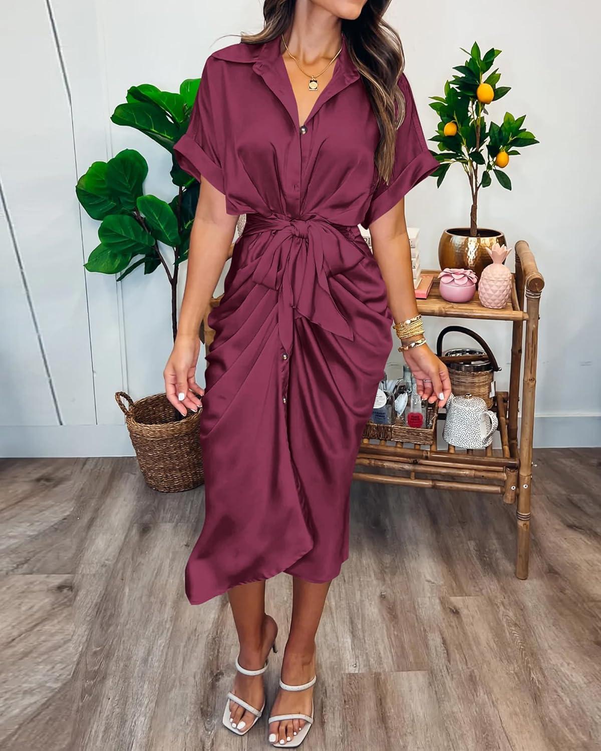 imageBTFBM Shirt Dresses for Women Spring Button Short Sleeve Silk Satin Ruched Maxi Summer Dress 2026 Cocktail Party WeddingPurple Red