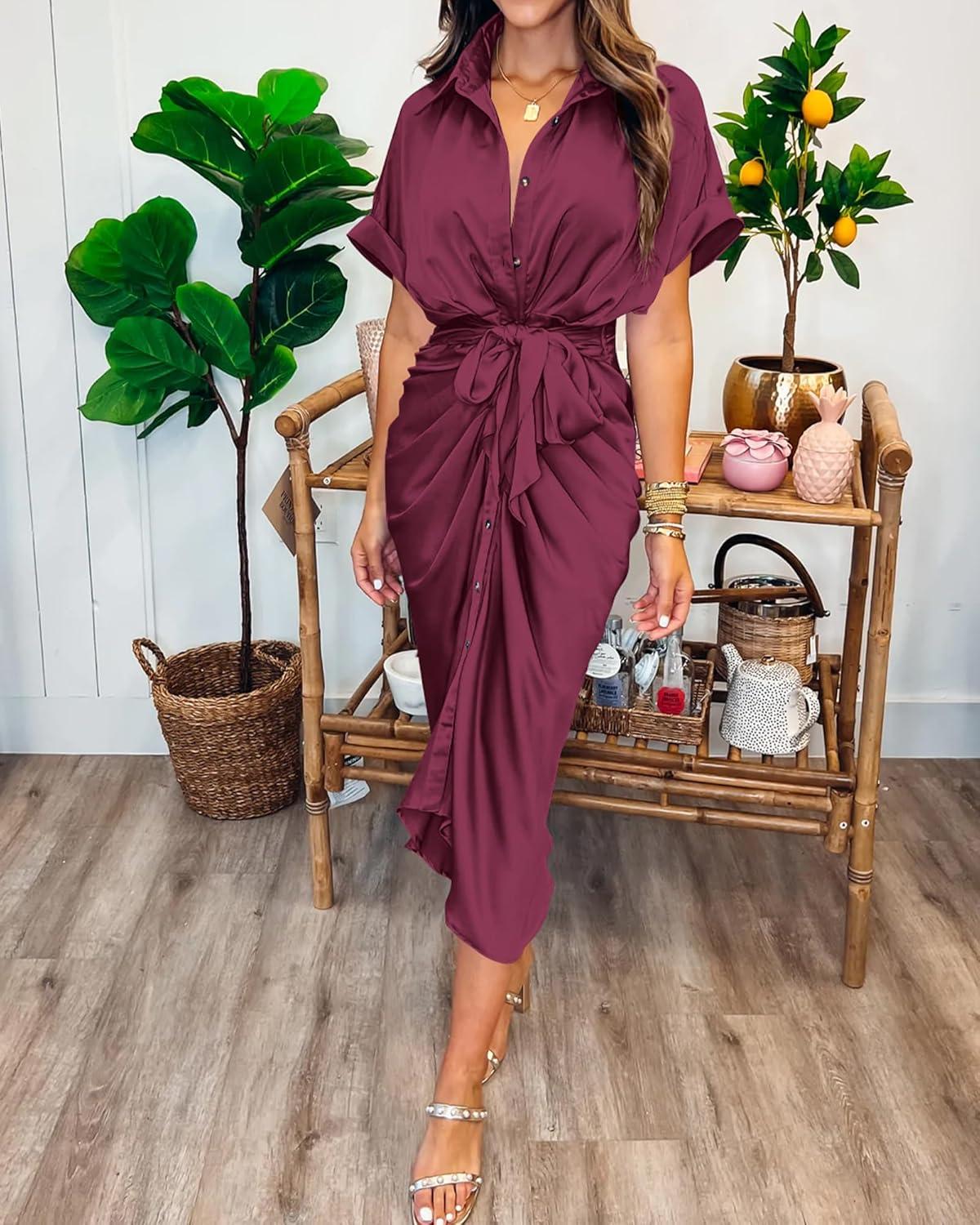 imageBTFBM Shirt Dresses for Women Spring Button Short Sleeve Silk Satin Ruched Maxi Summer Dress 2026 Cocktail Party WeddingPurple Red