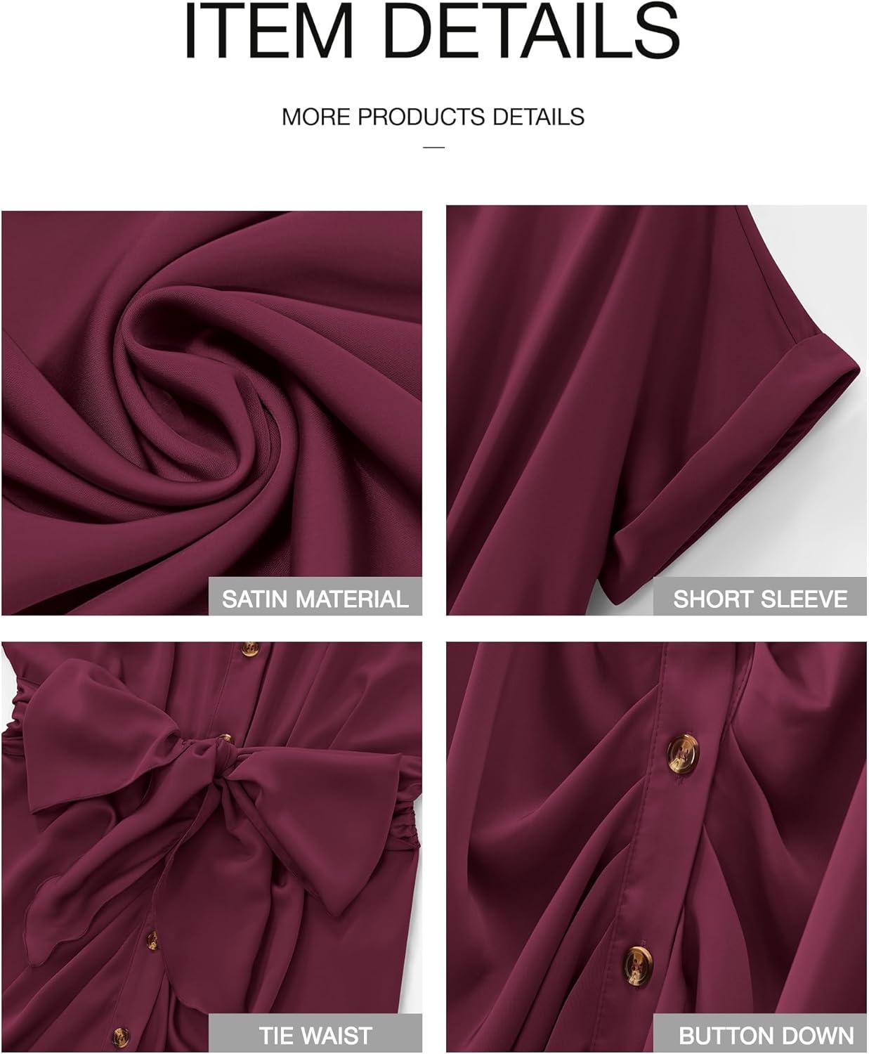 imageBTFBM Shirt Dresses for Women Spring Button Short Sleeve Silk Satin Ruched Maxi Summer Dress 2026 Cocktail Party WeddingPurple Red