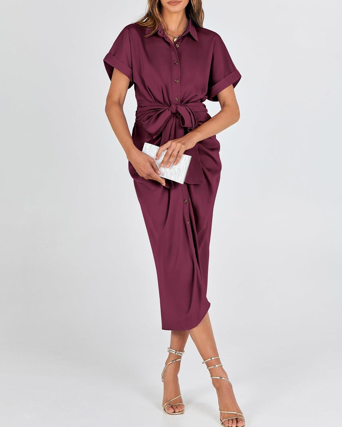 imageBTFBM Shirt Dresses for Women Spring Button Short Sleeve Silk Satin Ruched Maxi Summer Dress 2026 Cocktail Party WeddingPurple Red
