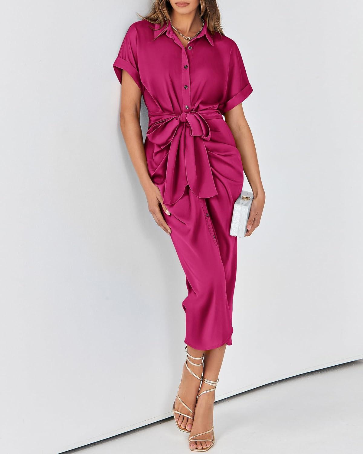 imageBTFBM Shirt Dresses for Women Spring Button Short Sleeve Silk Satin Ruched Maxi Summer Dress 2026 Cocktail Party WeddingRose Red