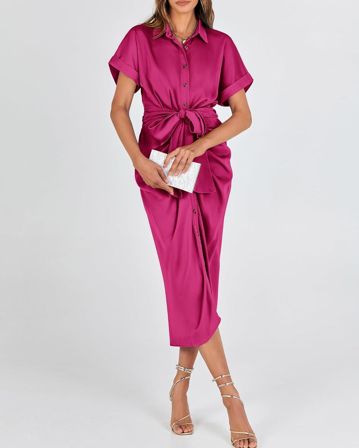 imageBTFBM Shirt Dresses for Women Spring Button Short Sleeve Silk Satin Ruched Maxi Summer Dress 2026 Cocktail Party WeddingRose Red