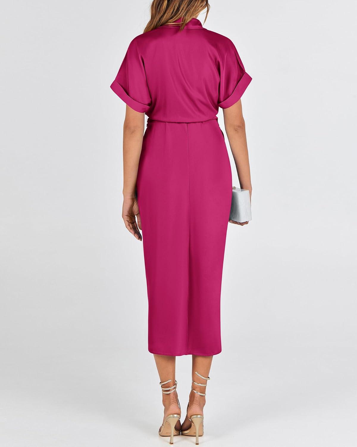 imageBTFBM Shirt Dresses for Women Spring Button Short Sleeve Silk Satin Ruched Maxi Summer Dress 2026 Cocktail Party WeddingRose Red
