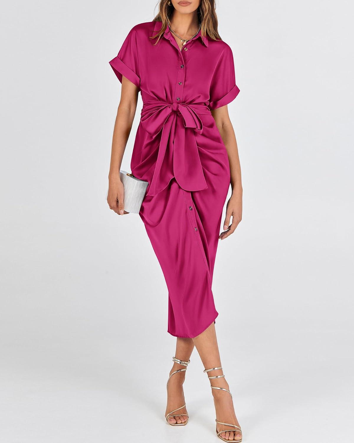 imageBTFBM Shirt Dresses for Women Spring Button Short Sleeve Silk Satin Ruched Maxi Summer Dress 2026 Cocktail Party WeddingRose Red