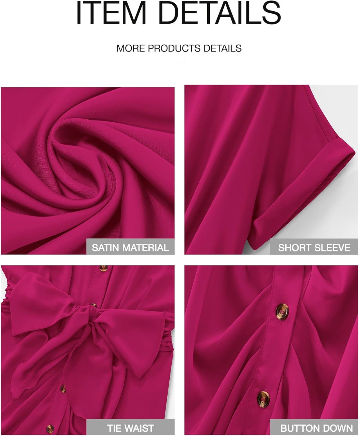 imageBTFBM Shirt Dresses for Women Spring Button Short Sleeve Silk Satin Ruched Maxi Summer Dress 2026 Cocktail Party WeddingRose Red