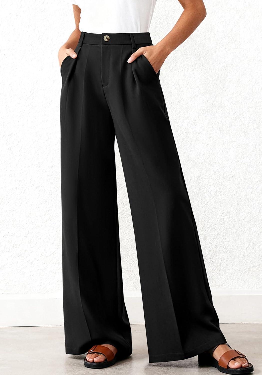 imageBTFBM Wide Leg Pants Woman 2026 High Waisted Button Business Casual Dressy Trousers Office Work Palazzo Pants PocketsBlack