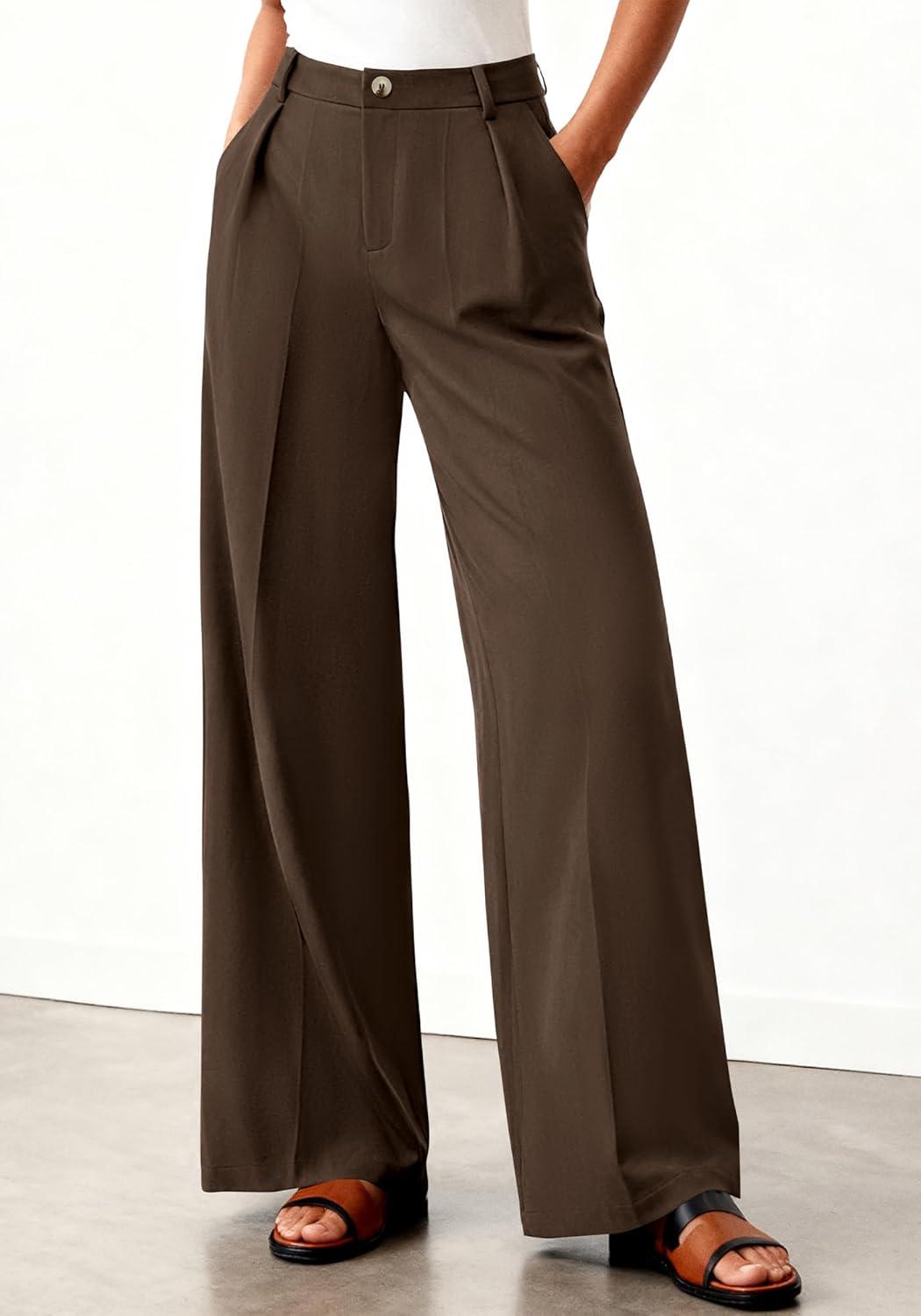 imageBTFBM Wide Leg Pants Woman 2026 High Waisted Button Business Casual Dressy Trousers Office Work Palazzo Pants PocketsBrown