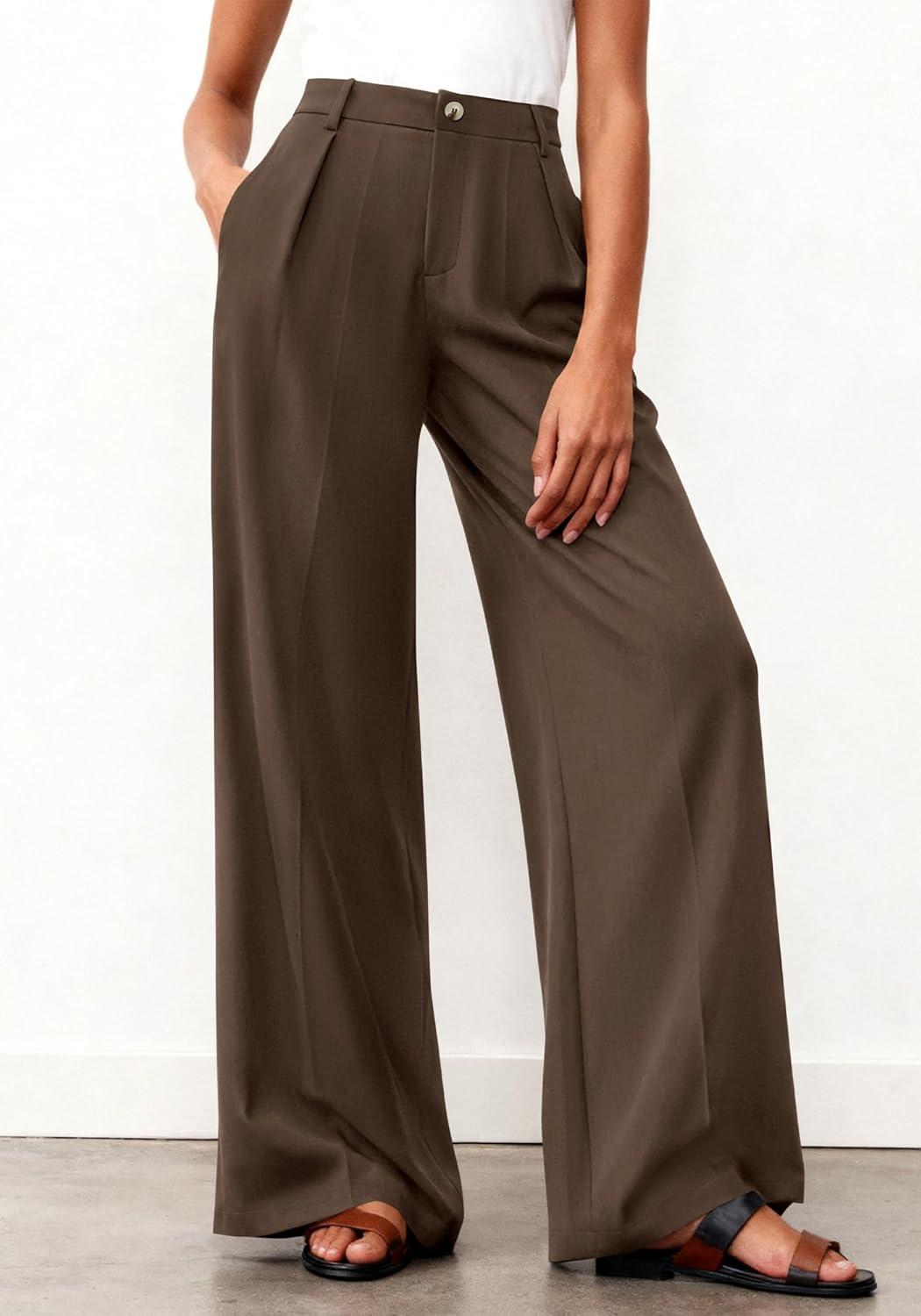 imageBTFBM Wide Leg Pants Woman 2026 High Waisted Button Business Casual Dressy Trousers Office Work Palazzo Pants PocketsBrown
