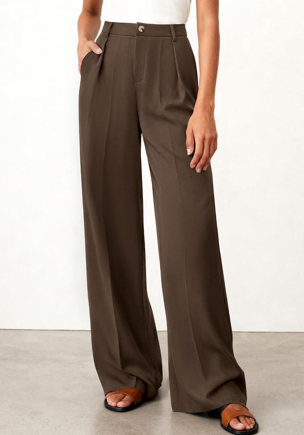 imageBTFBM Wide Leg Pants Woman 2026 High Waisted Button Business Casual Dressy Trousers Office Work Palazzo Pants PocketsBrown