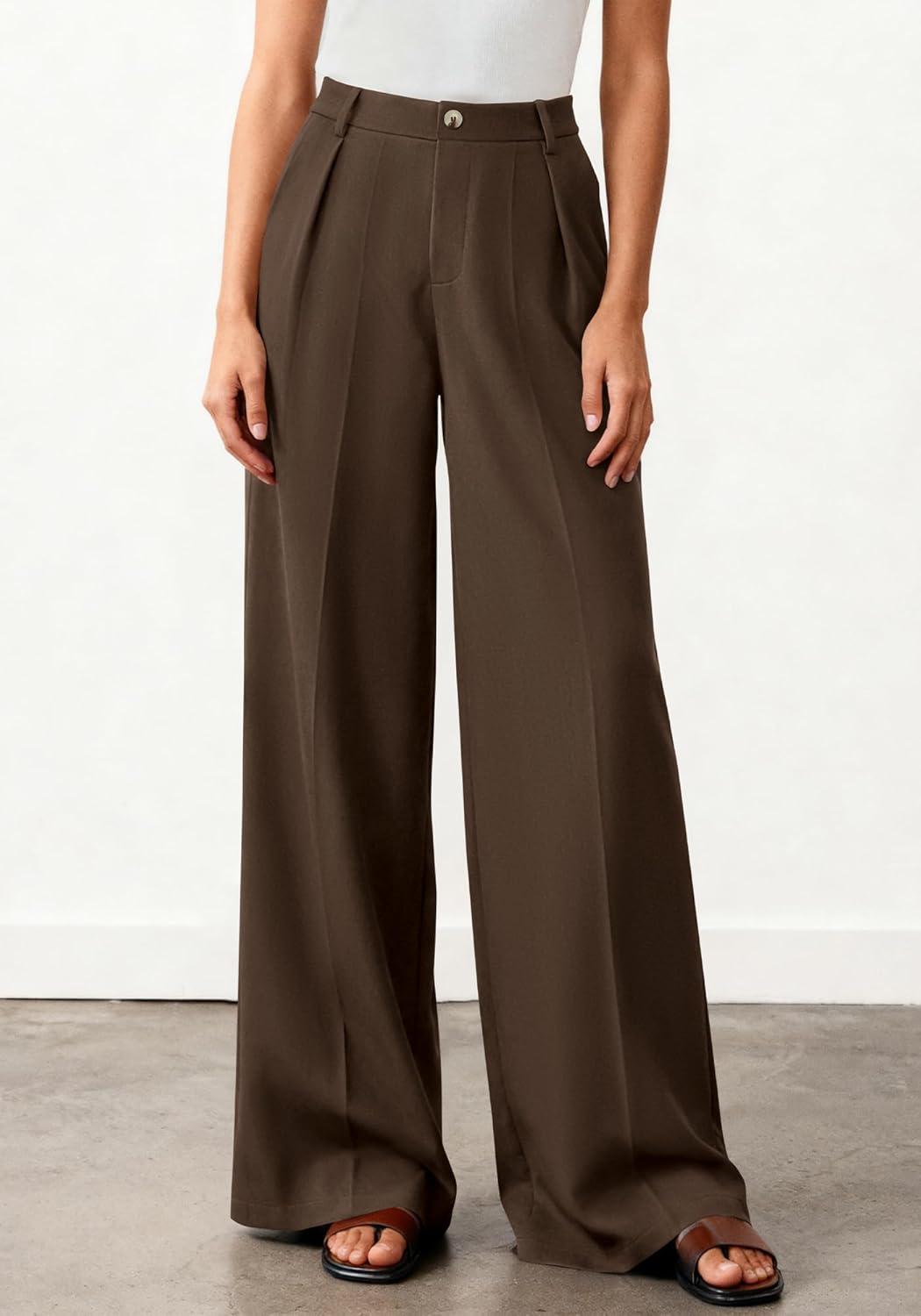imageBTFBM Wide Leg Pants Woman 2026 High Waisted Button Business Casual Dressy Trousers Office Work Palazzo Pants PocketsBrown