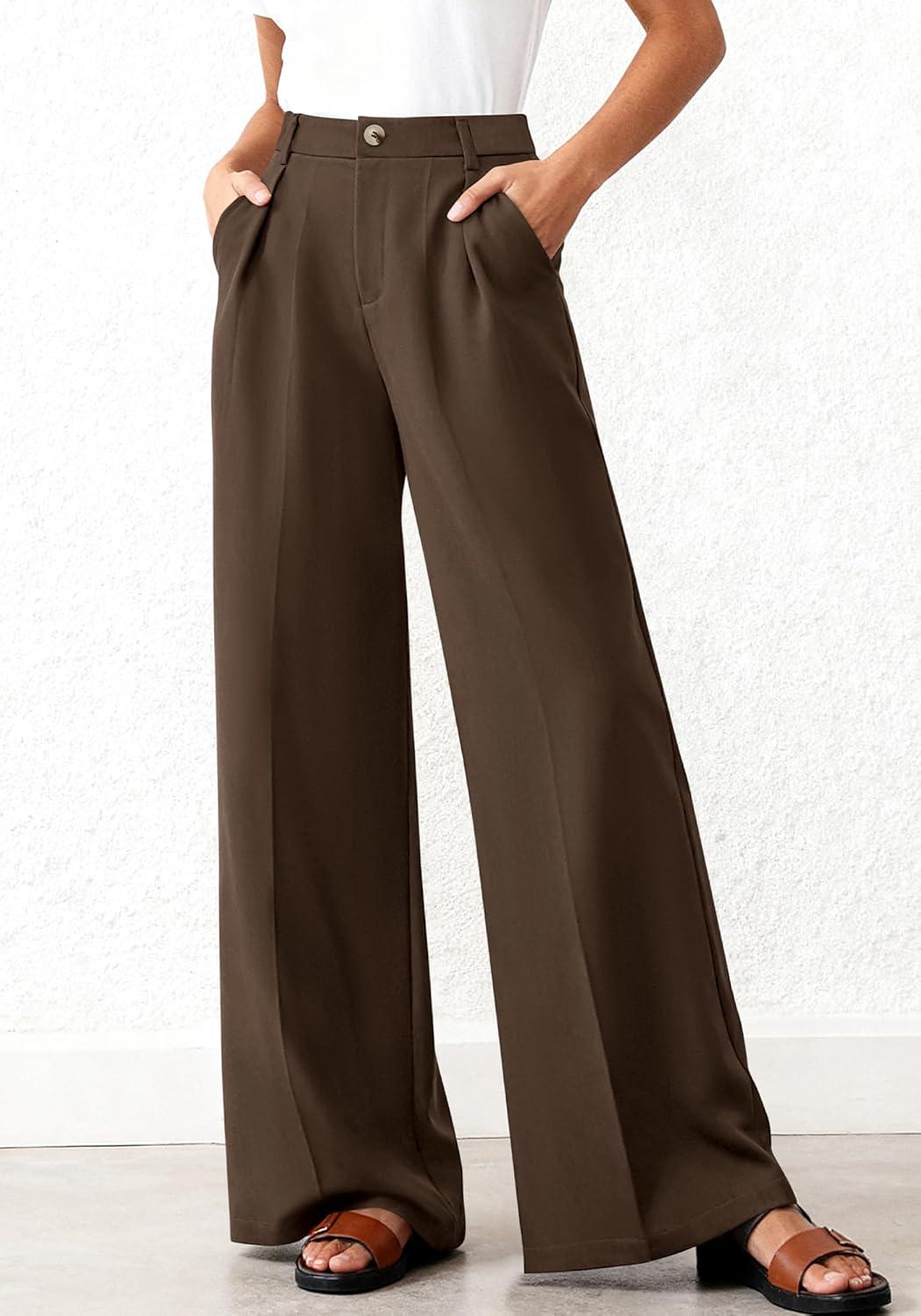 imageBTFBM Wide Leg Pants Woman 2026 High Waisted Button Business Casual Dressy Trousers Office Work Palazzo Pants PocketsBrown