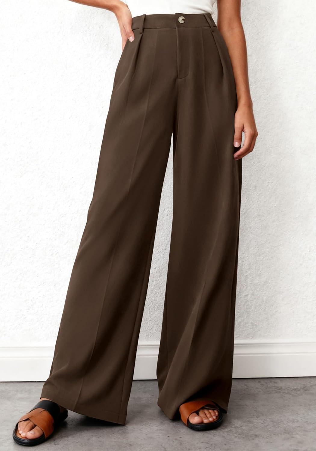 imageBTFBM Wide Leg Pants Woman 2026 High Waisted Button Business Casual Dressy Trousers Office Work Palazzo Pants PocketsBrown