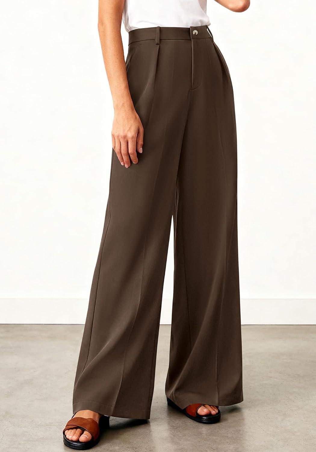 imageBTFBM Wide Leg Pants Woman 2026 High Waisted Button Business Casual Dressy Trousers Office Work Palazzo Pants PocketsBrown