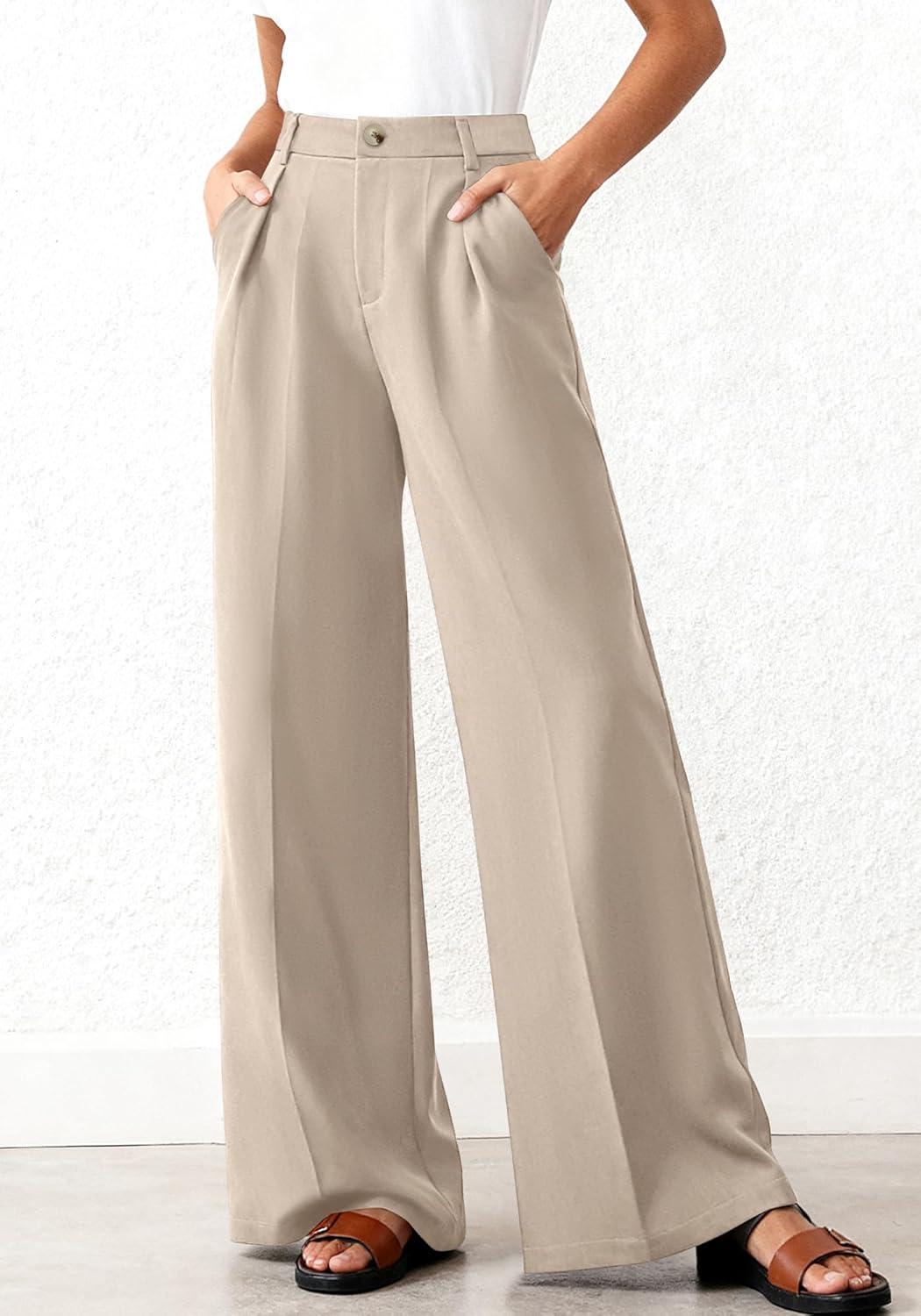 imageBTFBM Wide Leg Pants Woman 2026 High Waisted Button Business Casual Dressy Trousers Office Work Palazzo Pants PocketsLight Khaki
