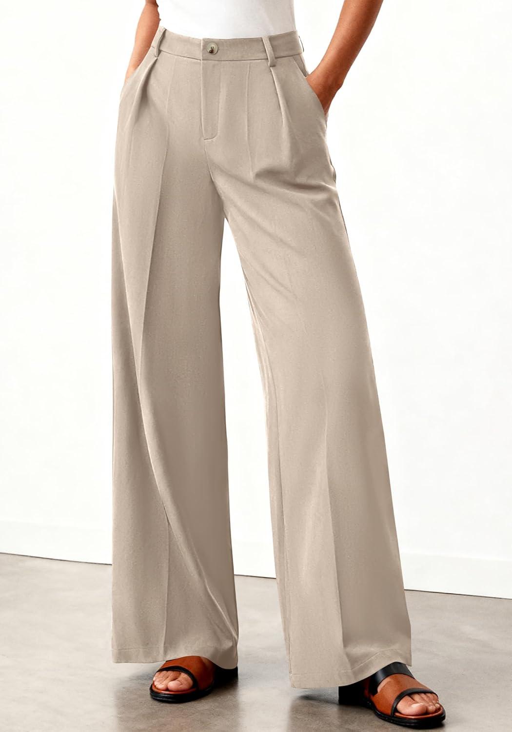 imageBTFBM Wide Leg Pants Woman 2026 High Waisted Button Business Casual Dressy Trousers Office Work Palazzo Pants PocketsLight Khaki