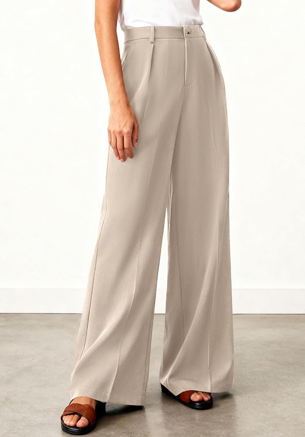 imageBTFBM Wide Leg Pants Woman 2026 High Waisted Button Business Casual Dressy Trousers Office Work Palazzo Pants PocketsLight Khaki