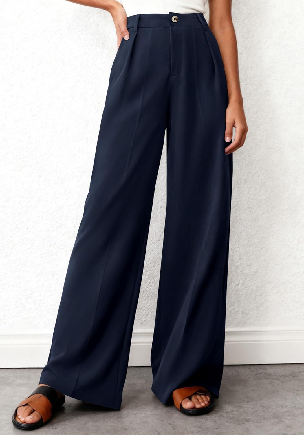 imageBTFBM Wide Leg Pants Woman 2026 High Waisted Button Business Casual Dressy Trousers Office Work Palazzo Pants PocketsNavy